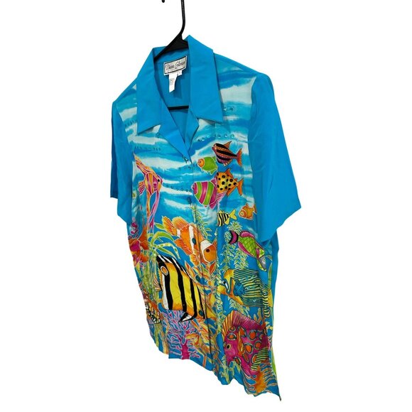 Diane Gilman Blue Tropical Fish Print Short Sleeve Silk Top SZ Medium - Picture 3 of 9